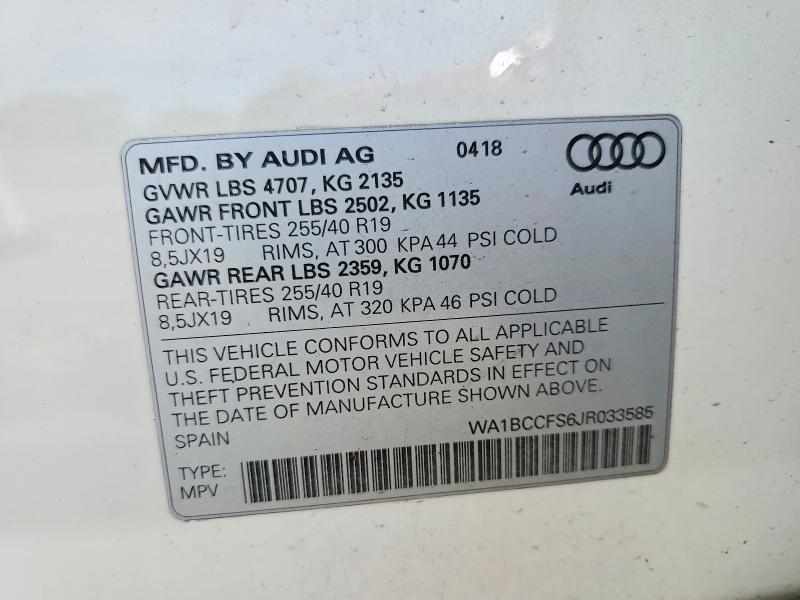 2018 Audi Q3 მანქანა იყიდება აუქციონზე, vin: WA1BCCFS6JR033585, აუქციონის ნომერი: 50256206