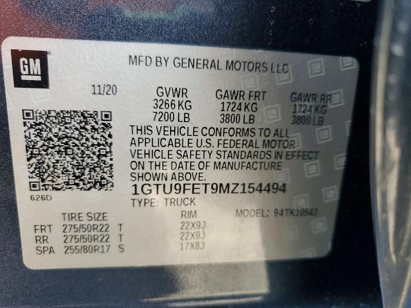 Aukcja sprzedaży 2021 Gmc Sierra, vin: 1GTU9FET9MZ154494, numer aukcji: 51023016