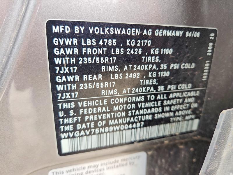 50516536 :رقم المزاد ، WVGAV75N89W004497 vin ، 2009 Volkswagen Tiguan مزاد بيع