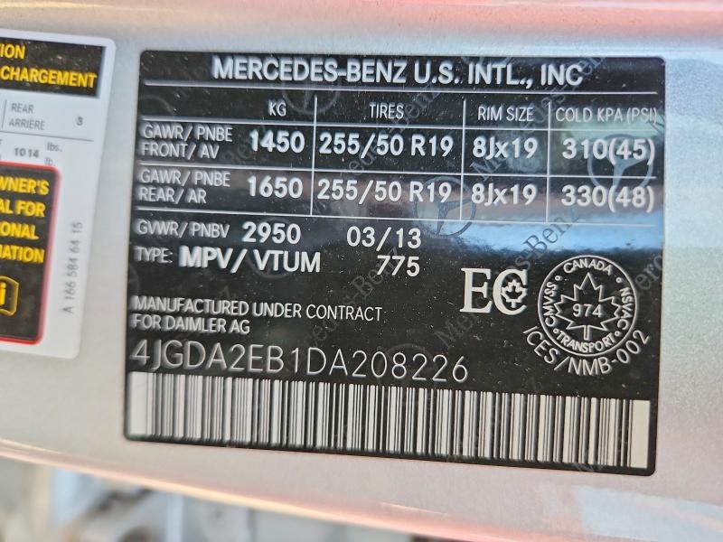 Aukcja sprzedaży 2013 Mercedes-benz Ml, vin: 4JGDA2EB1DA208226, numer aukcji: 50304096