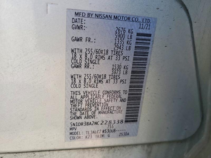 51717146 :رقم المزاد ، 5N1DR3BA2NC228338 vin ، 2022 Nissan Pathfinder مزاد بيع