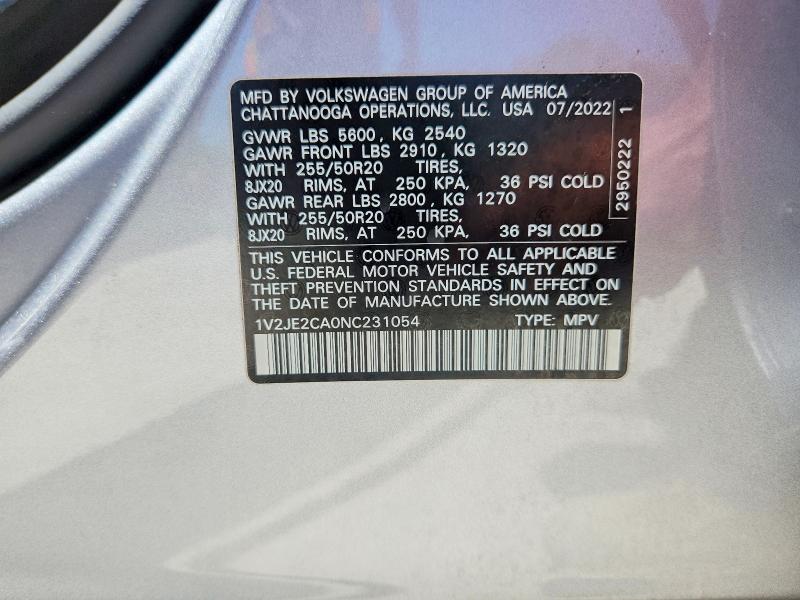 2022 Volkswagen Atlas Cross Sport მანქანა იყიდება აუქციონზე, vin: 1V2JE2CA0NC231054, აუქციონის ნომერი: 50720936