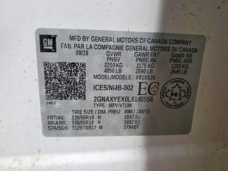 2020 Chevrolet Equinox მანქანა იყიდება აუქციონზე, vin: 2GNAXYEX0L6148558, აუქციონის ნომერი: 51426136