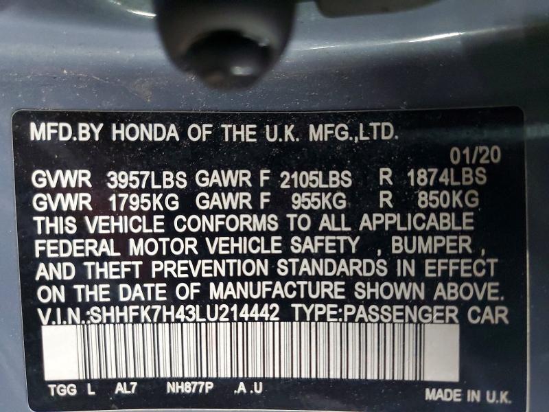 Aukcja sprzedaży 2020 Honda Civic, vin: SHHFK7H43LU214442, numer aukcji: 48943636
