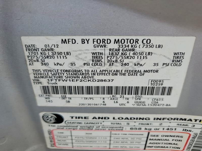 Aukcja sprzedaży 2012 Ford F150, vin: 1FTFW1EF2CKD28637, numer aukcji: 51025196