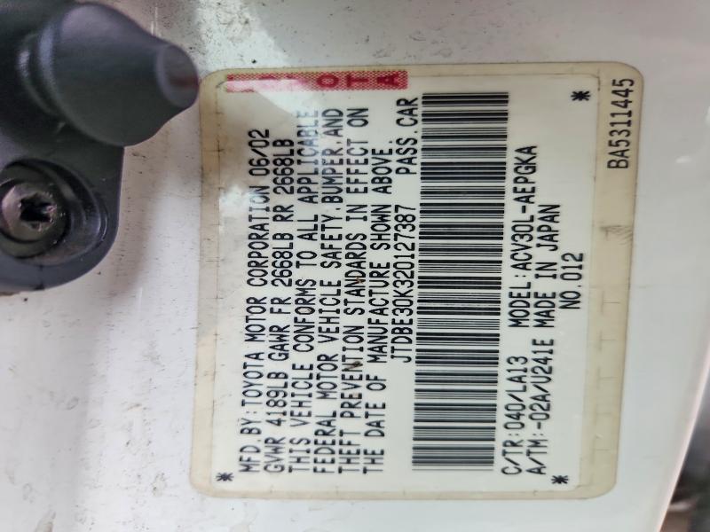 Aukcja sprzedaży 2002 Toyota Camry, vin: JTDBE30K320127387, numer aukcji: 49772076