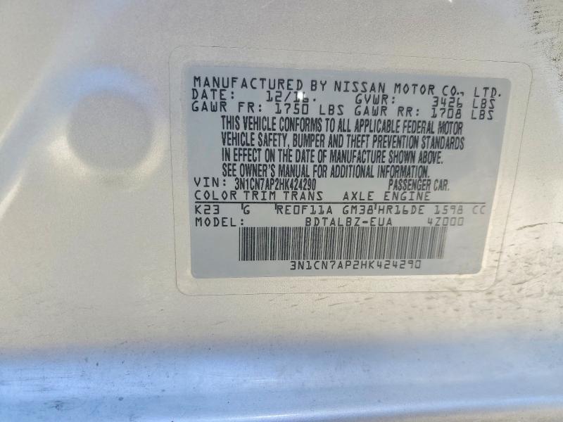 48274826 :رقم المزاد ، 3N1CN7AP2HK424290 vin ، 2017 Nissan Versa مزاد بيع