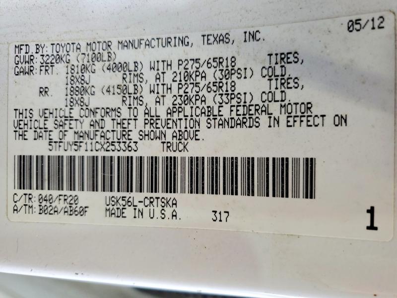 49134706 :رقم المزاد ، 5TFUY5F11CX253363 vin ، 2012 Toyota Tundra مزاد بيع