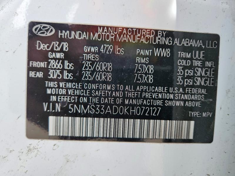 2019 Hyundai Santa Fe მანქანა იყიდება აუქციონზე, vin: 5NMS33AD0KH072127, აუქციონის ნომერი: 49326086