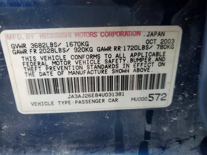 Aukcja sprzedaży 2004 Mitsubishi Lancer, vin: JA3AJ26E84U031381, numer aukcji: 48472866