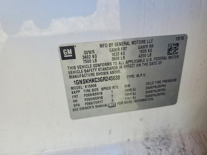 2016 Chevrolet Suburban მანქანა იყიდება აუქციონზე, vin: 1GNSKHKC3GR245638, აუქციონის ნომერი: 49235216