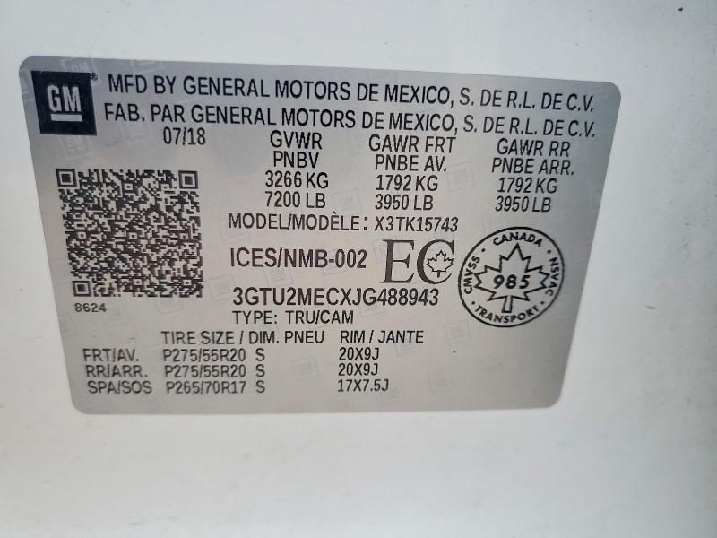 Aukcja sprzedaży 2018 Gmc Sierra, vin: 3GTU2MECXJG488943, numer aukcji: 48232396