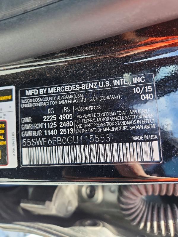 49760326 :رقم المزاد ، 55SWF6EB0GU115553 vin ، 2016 Mercedes-benz C مزاد بيع