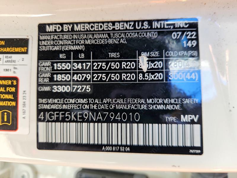 51075216 :رقم المزاد ، 4JGFF5KE9NA794010 vin ، 2022 Mercedes-benz Gls مزاد بيع