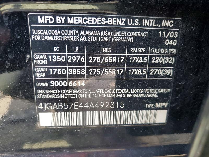 Aukcja sprzedaży 2004 Mercedes-benz Ml, vin: 4JGAB57E44A492315, numer aukcji: 48418536