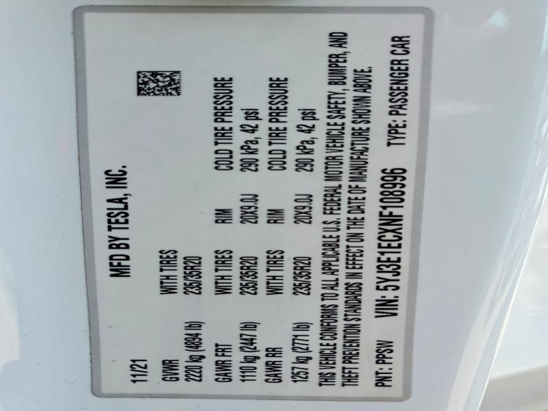Продажа на аукционе авто 2022 Tesla Model 3, vin: 5YJ3E1ECXNF108996, номер лота: 47950956