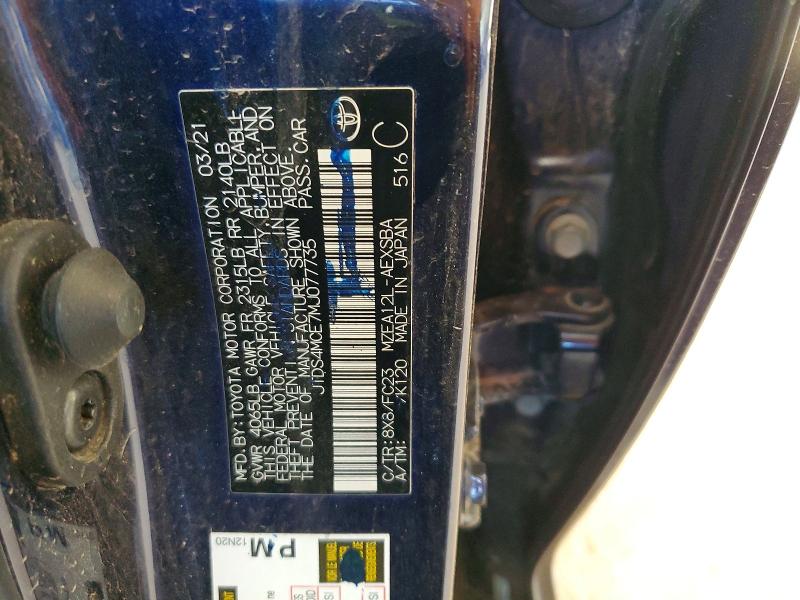 50591246 :رقم المزاد ، JTDS4MCE7MJ077735 vin ، 2021 Toyota Corolla مزاد بيع