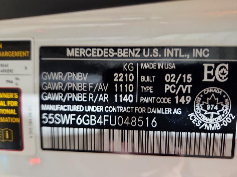 Aukcja sprzedaży 2015 Mercedes Benz C, vin: 55SWF6GB4FU048516, numer aukcji: 48202556