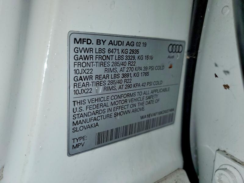 49629176 :رقم المزاد ، WA1EVAF16KD027464 vin ، 2019 Audi Q8 مزاد بيع