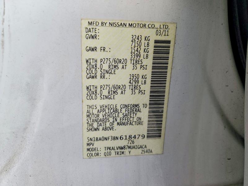 2011 Nissan Armada მანქანა იყიდება აუქციონზე, vin: 5N1BA0NF3BN618479, აუქციონის ნომერი: 50524166