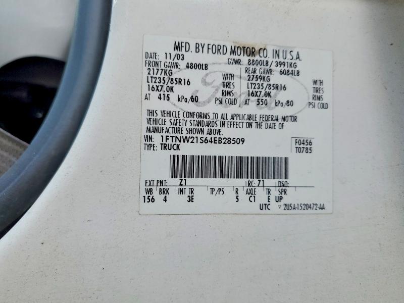 Auction sale of the 2004 Ford F250, vin: 1FTNW21S64EB28509, lot number: 51290996