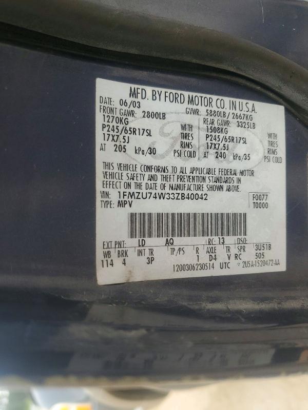 51175366 :رقم المزاد ، 1FMZU74W33ZB40042 vin ، 2003 Ford Explorer مزاد بيع