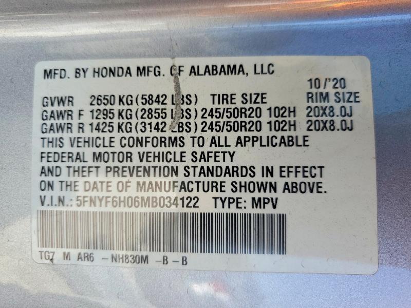 Продажа на аукционе авто 2021 Honda Pilot, vin: 5FNYF6H06MB034122, номер лота: 50117656