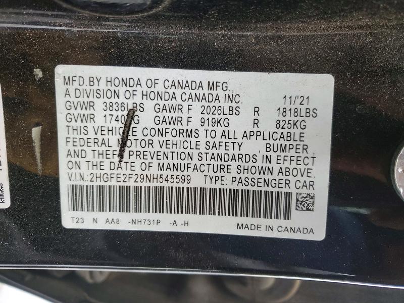 Продажа на аукционе авто 2022 Honda Civic, vin: 2HGFE2F29NH545599, номер лота: 50625646