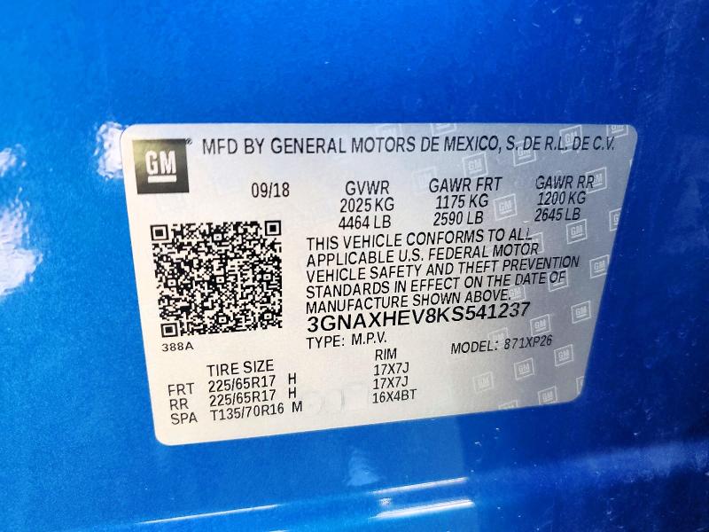 Продаж на аукціоні авто 2019 Chevrolet Equinox, vin: 3GNAXHEV8KS541237, номер лоту: 49861886