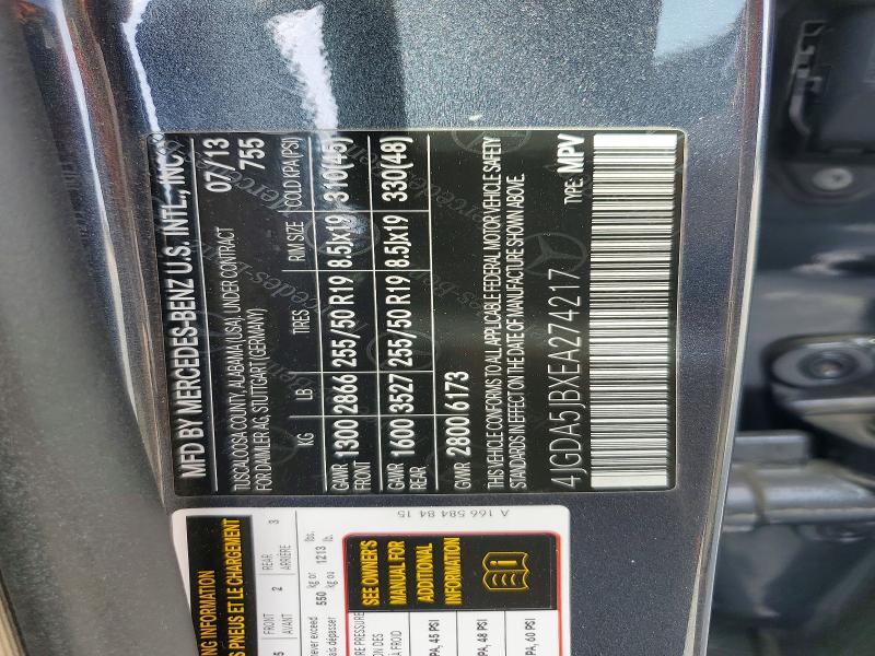 Продаж на аукціоні авто 2014 Mercedes-benz Ml, vin: 4JGDA5JBXEA274217, номер лоту: 48458176