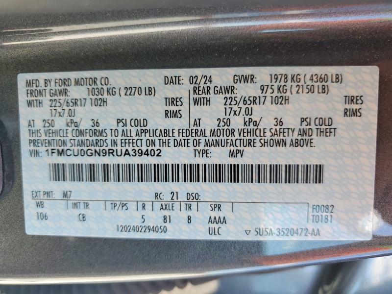 51757236 :رقم المزاد ، 1FMCU0GN9RUA39402 vin ، 2024 Ford Escape مزاد بيع