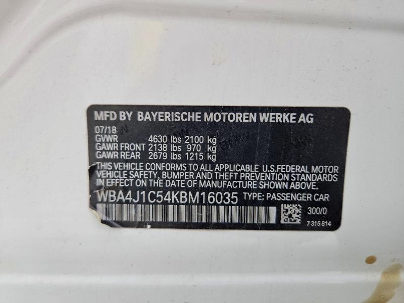 50570256 :رقم المزاد ، WBA4J1C54KBM16035 vin ، 2019 Bmw 430i مزاد بيع