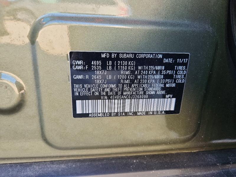 2018 Subaru Outback მანქანა იყიდება აუქციონზე, vin: 4S4BSANC0J3268098, აუქციონის ნომერი: 51003036