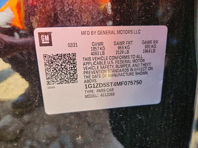 49968666 :رقم المزاد ، 1G1ZD5ST4MF075750 vin ، 2021 Chevrolet Malibu مزاد بيع
