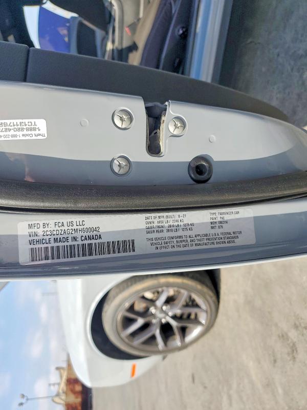 2021 Dodge Challenger მანქანა იყიდება აუქციონზე, vin: 2C3CDZAG2MH600042, აუქციონის ნომერი: 49325896