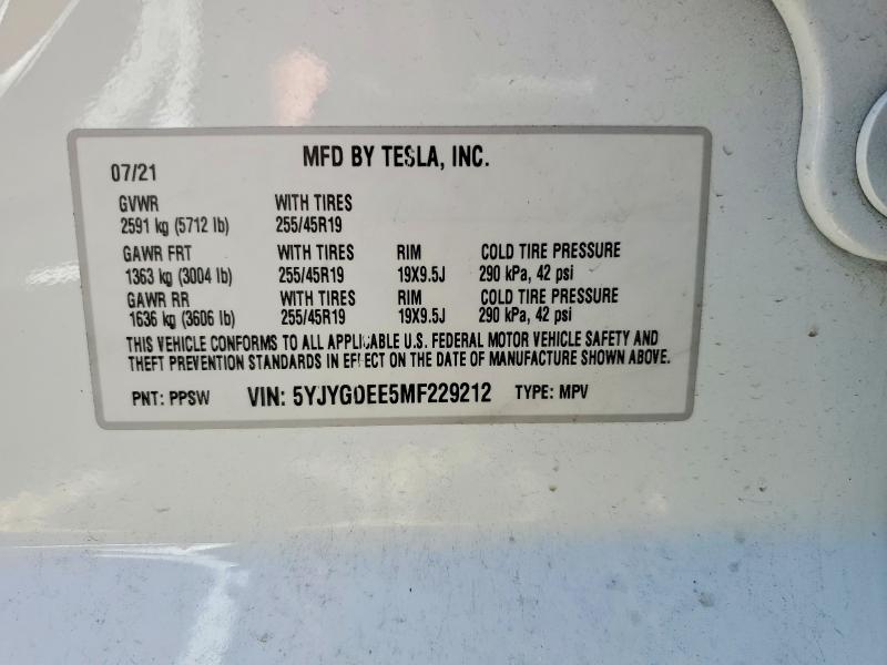 47750096 :رقم المزاد ، 5YJYGDEE5MF229212 vin ، 2021 Tesla Model Y مزاد بيع