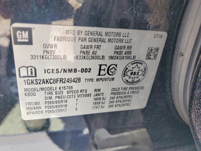 50050036 :رقم المزاد ، 1GKS2AKC8FR249428 vin ، 2015 Gmc Yukon مزاد بيع