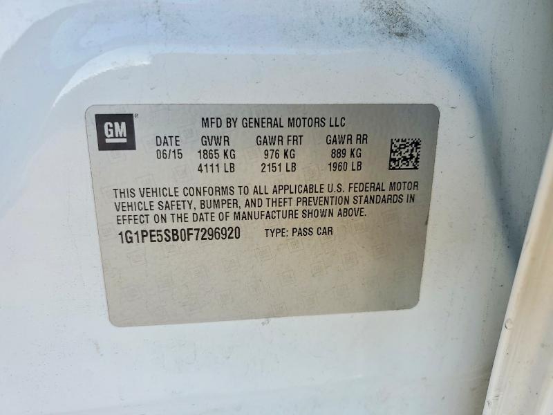 2015 Chevrolet Cruze მანქანა იყიდება აუქციონზე, vin: 1G1PE5SB0F7296920, აუქციონის ნომერი: 50837836