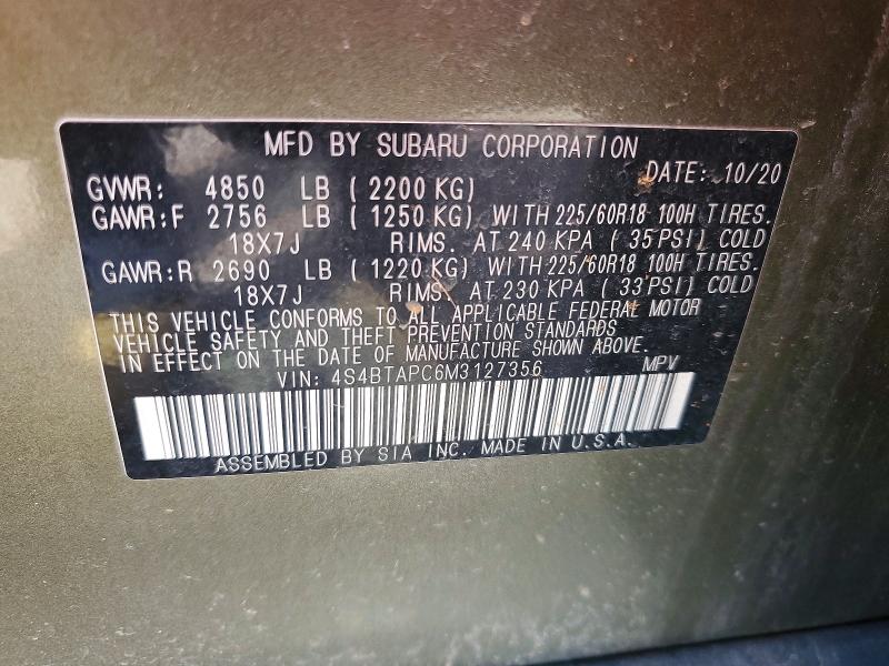 2021 Subaru Outback მანქანა იყიდება აუქციონზე, vin: 4S4BTAPC6M3127356, აუქციონის ნომერი: 51036276