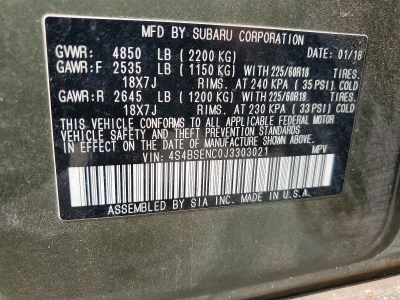 50717666 :رقم المزاد ، 4S4BSENC0J3303021 vin ، 2018 Subaru Outback مزاد بيع