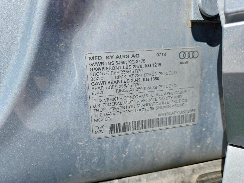 2018 Audi Q5 მანქანა იყიდება აუქციონზე, vin: WA1BNAFY1J2212984, აუქციონის ნომერი: 50778046