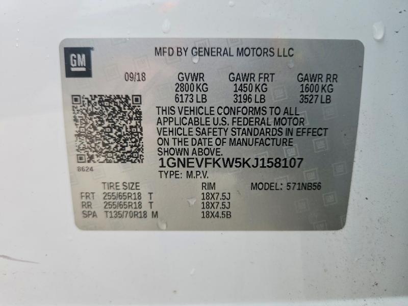 49234116 :رقم المزاد ، 1GNEVFKW5KJ158107 vin ، 2019 Chev Traverse مزاد بيع