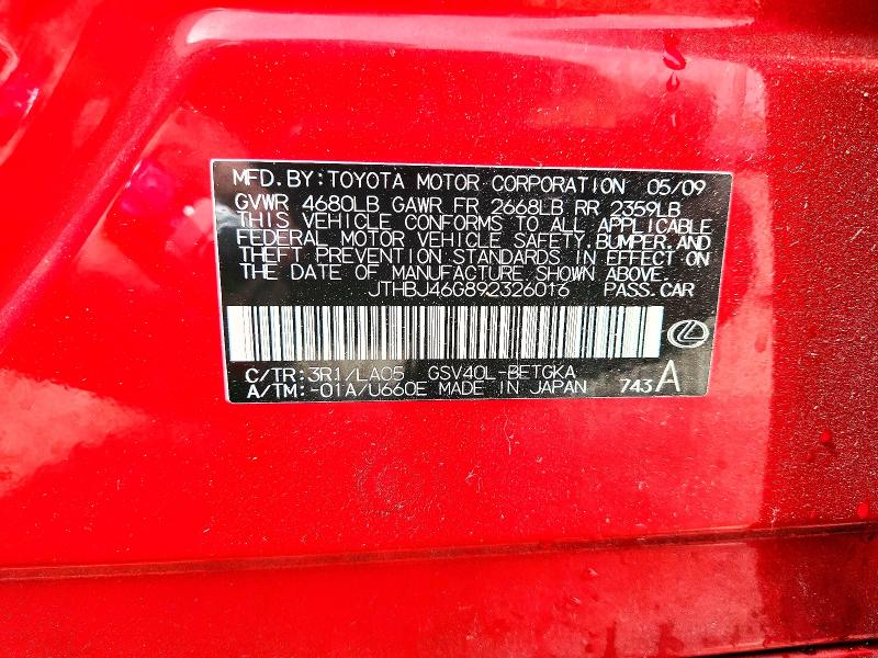 48257156 :رقم المزاد ، JTHBJ46G892326016 vin ، 2009 Lexus Es 350 مزاد بيع