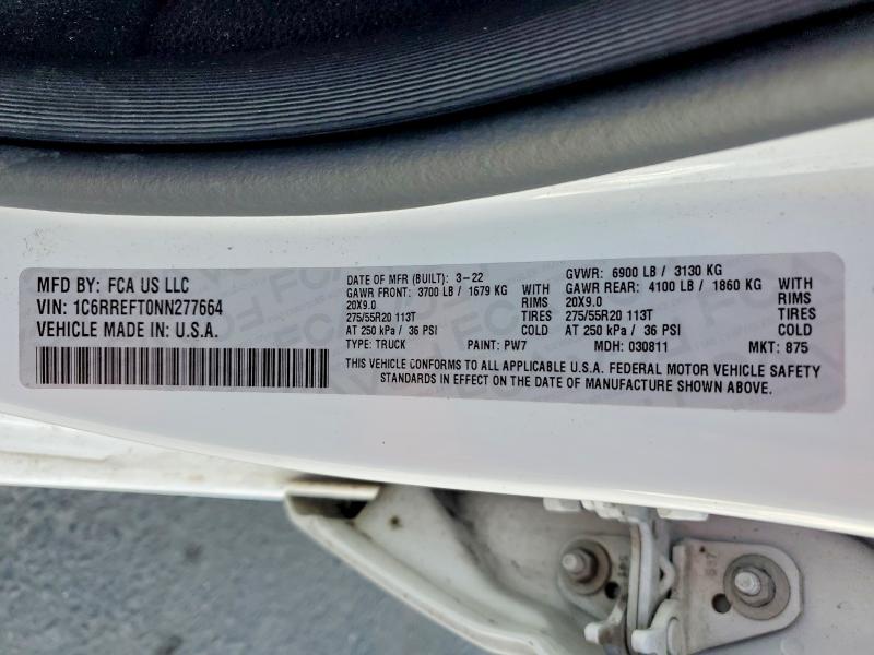2022 Ram 1500 მანქანა იყიდება აუქციონზე, vin: 1C6RREFT0NN277664, აუქციონის ნომერი: 49660546