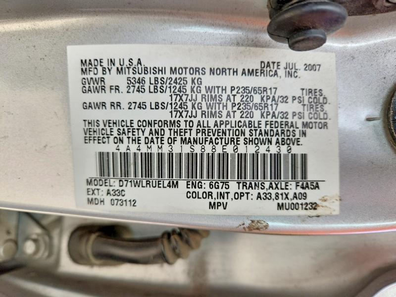 Продаж на аукціоні авто 2008 Mitsubishi Endeavor, vin: 4A4MM31S88E012430, номер лоту: 48875706