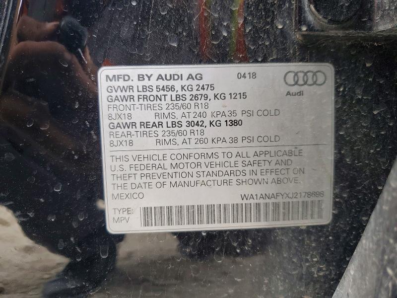 2018 Audi Q5 მანქანა იყიდება აუქციონზე, vin: WA1ANAFYXJ2178698, აუქციონის ნომერი: 49018026