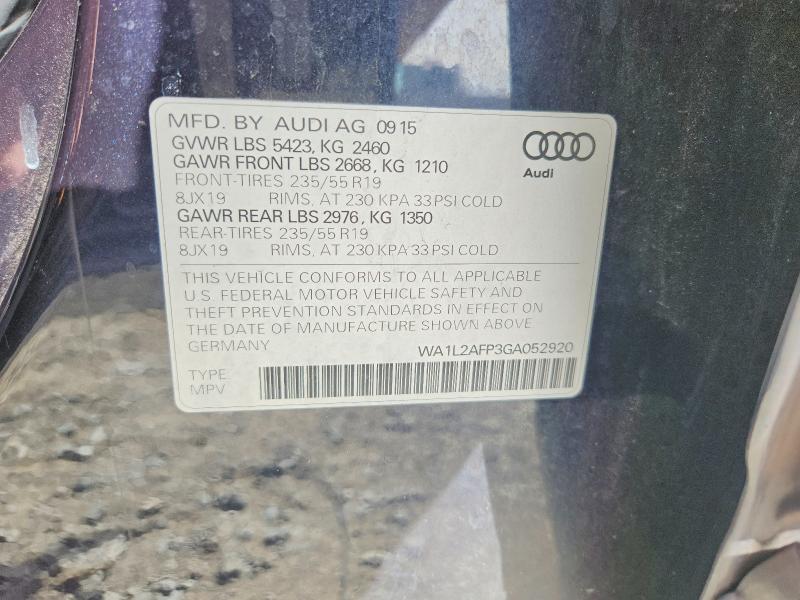 Продажа на аукционе авто 2016 Audi Q5, vin: WA1L2AFP3GA052920, номер лота: 49663986