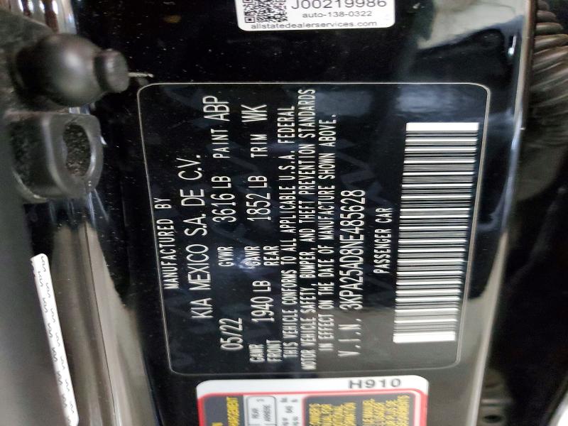 2022 Kia Rio მანქანა იყიდება აუქციონზე, vin: 3KPA25AD8NE485628, აუქციონის ნომერი: 50503856