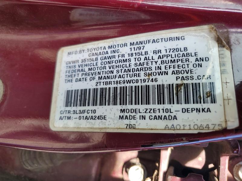 Продажа на аукционе авто 1998 Toyota Corolla, vin: 2T1BR18E9WC019746, номер лота: 49643596