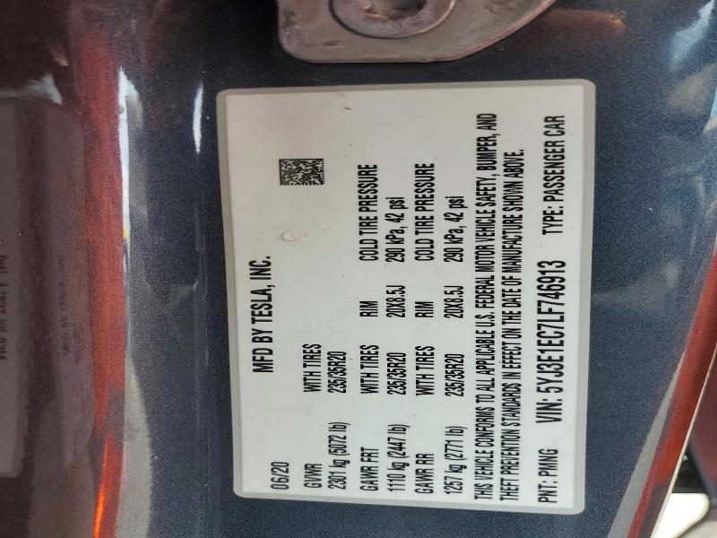 50432246 :رقم المزاد ، 5YJ3E1EC7LF746913 vin ، 2020 Tesla Model 3 مزاد بيع